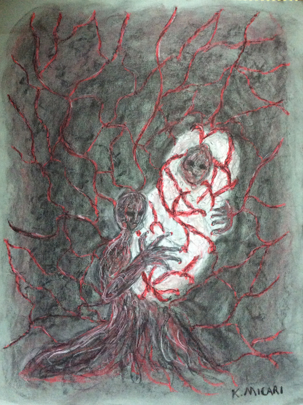 Begetting Violence a black, red, and white charcoal and pastel drawing of veins gathering into a humanoid figure holding a bundled humanoid baby, art by Kat Micari
