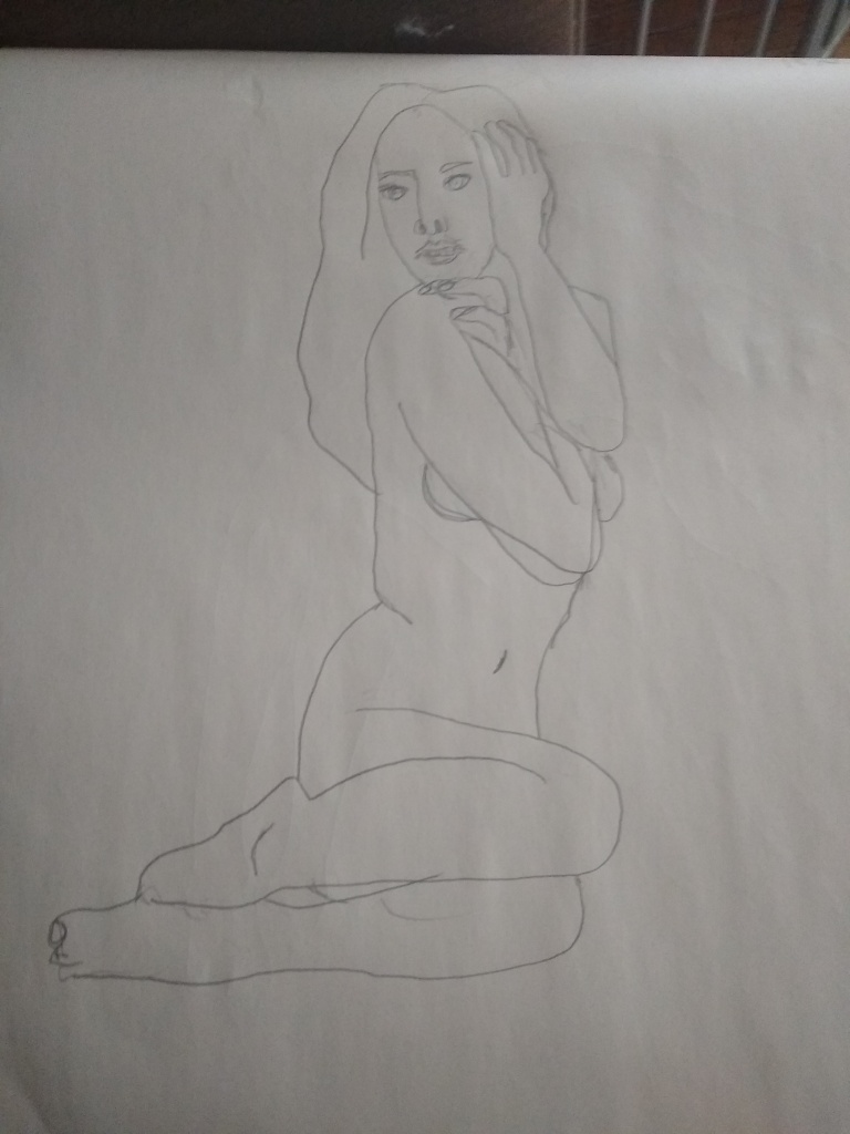 Contour pencil drawing of a woman with her arms cross over her chest and her feet together in front of her